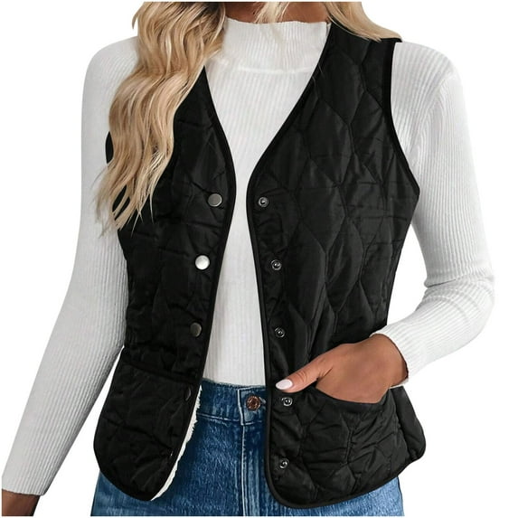 Plebaso Women's Fleece Lined Vest Casual Warm Sleeveless Jacket V Neck Button down Coat with Pockets