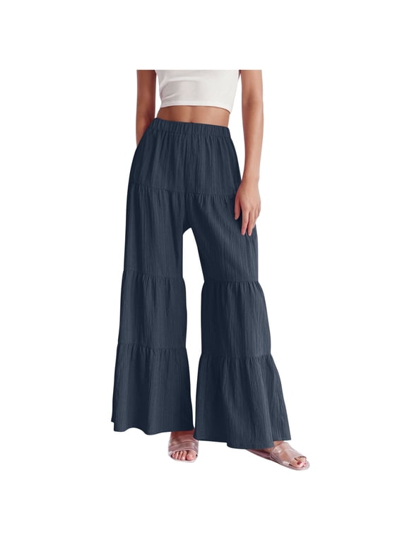 Women's Flowy Wide Leg Pants Ruffle Hem Tiered Palazzo Pants Elastic Waist Beach Flare Trousers