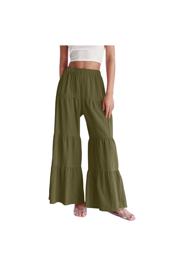 Women's Flowy Wide Leg Pants Ruffle Hem Tiered Palazzo Pants Elastic Waist Beach Flare Trousers