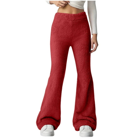 Plebaso Women's Fuzzy Flare Pants Wide Leg High Waisted Lounge Pants Womens Plush Fleece Pajama Bottoms