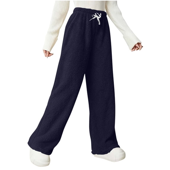 Plebaso Women's Fuzzy Fleece Pants Wide Leg Pajama Pants for Women Comfortable Drawstring Lounge Bottom