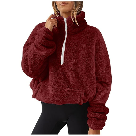 Plebaso Women's Half Zip Fuzzy Pullover Fleece Sherpa Sweatshirts Oversized Womens Warm Tops with Pocket