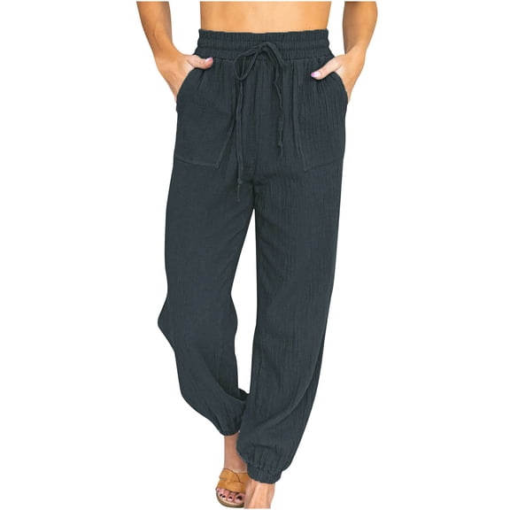 Plebaso Women's Jogger Pants Solid Color High Waist Lace-up Nine-point Pants Ladies Loose Workout Out Long Pants