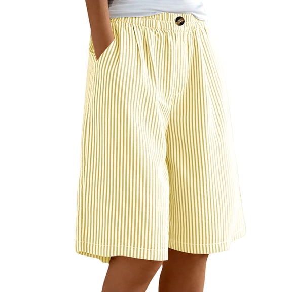 Plebaso Women's Knee Length Shorts Elastic High Waist Long Shorts Wide Leg Casual Shorts with Pockets