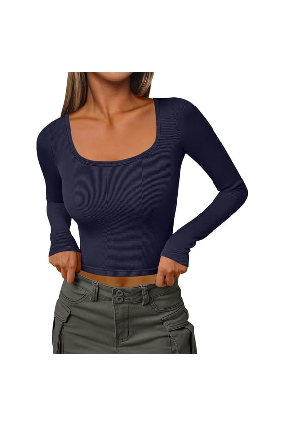Women's Long Sleeve Crop Tops Square Neck Slim Going out Tees Casual Ribbed Knit Cute Tshirts