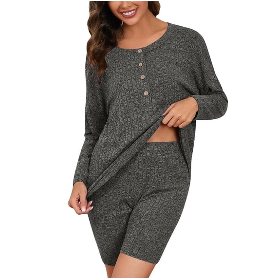 Plebaso Women's Long Sleeve Pajama Sets Casual Sleep Tops and Shorts Matching Sleepwear Outfits