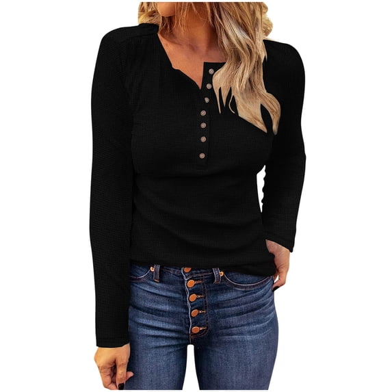 Plebaso Women's Long Sleeve Tops Button Neck Tshirts Solid Color Lightweight Casual Blouses for Women