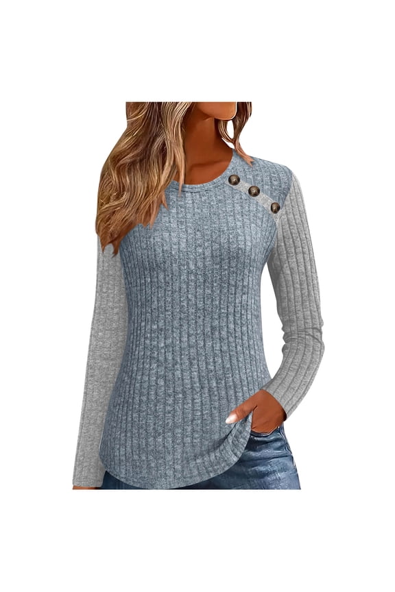 Women's Long Sleeve Tops Knit Casual Tunic Shirts Crewneck Womens Colorblock Button Pullover