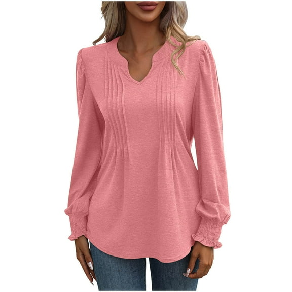 Plebaso Women's Long Sleeve Tunic Tops Casual V Neck Pleated Front Dressy Blouses Fall Winter Clothes