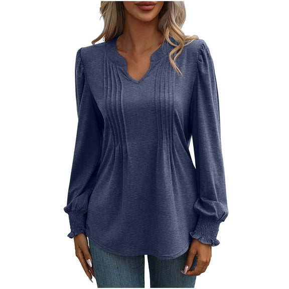 Plebaso Women's Long Sleeve Tunic Tops Casual V Neck Pleated Front Dressy Blouses Fall Winter Clothes