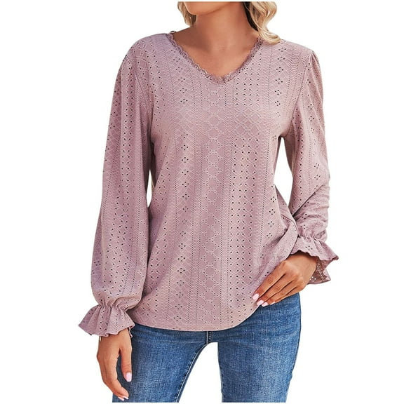 Plebaso Women's Long Sleeve Tunic Tops Lace V Neck Cute Casual Fall Winter Dressy Blouse for Women