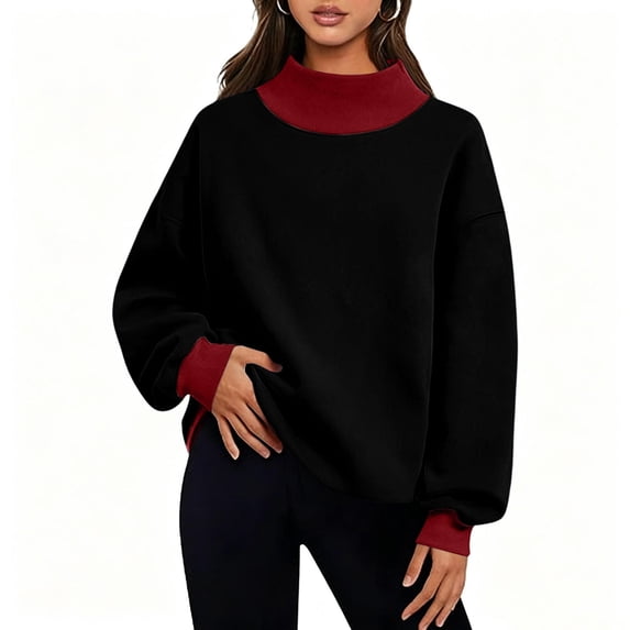Plebaso Women's Mock Neck Sweatshirts Color Block Pullover Tops Casual Long Sleeve Loose Sweatshirts