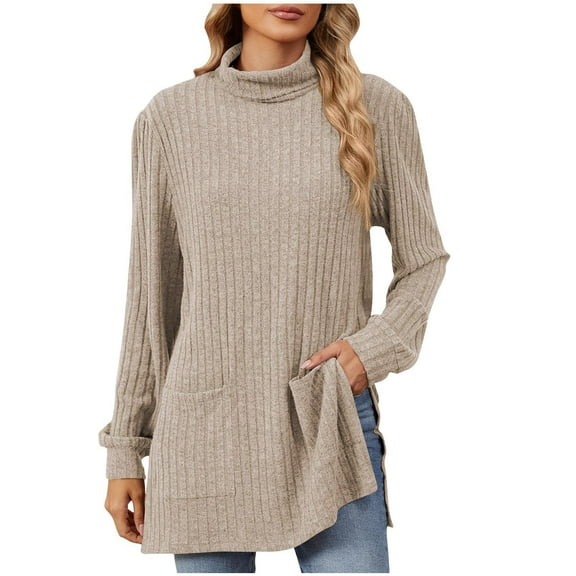Plebaso Women's Mock Turtleneck Long Sleeve Shirts Pocket Front Knit Pullover Tops Side Split