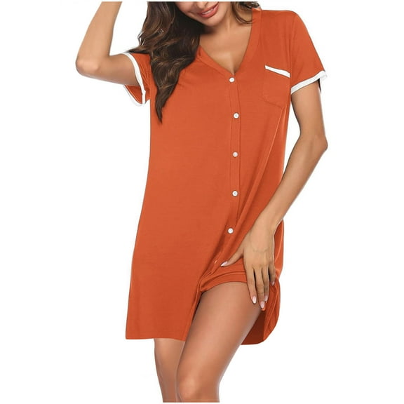 Plebaso Women's Nightgowns Short Sleeve V Neck Soft Sleepshirts Button down Comfy Nightshirts with Pockets