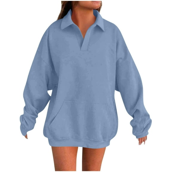 Plebaso Women's Oversized Sweatshirts Collar V Neck Casual Long Sleeve Pullover Loose Tops with Pockets