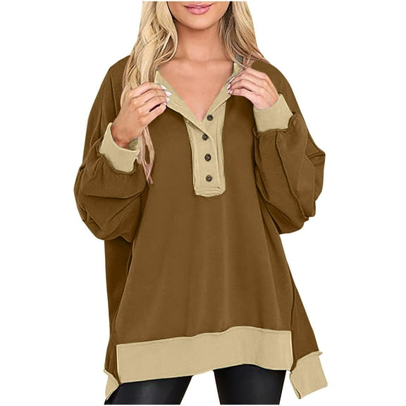 Plebaso Women's Oversized Sweatshirts Fall Winter Long Sleeve Buttons V Neck Pullover Tops for Women
