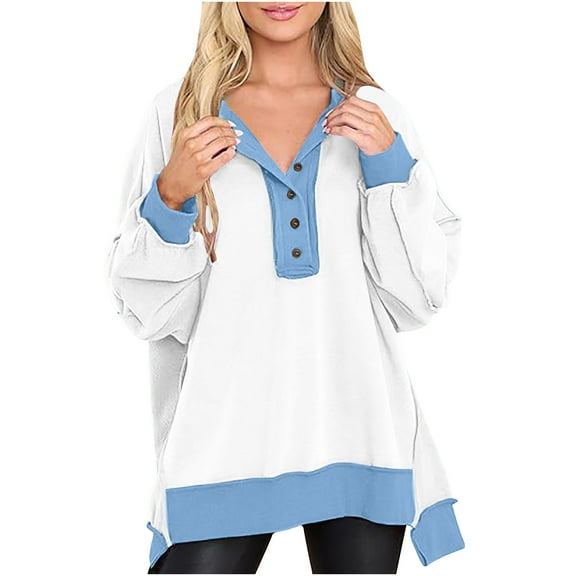 Plebaso Women's Oversized Sweatshirts Fall Winter Long Sleeve Buttons V Neck Pullover Tops for Women