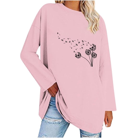 Plebaso Women's Oversized T-Shirts Printed Long Sleeve Shirt Fall Winter Basic Loose Soft Tunic Tops