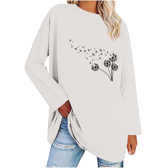 Plebaso Women's Oversized T-Shirts Printed Long Sleeve Shirt Fall Winter Basic Loose Soft Tunic Tops