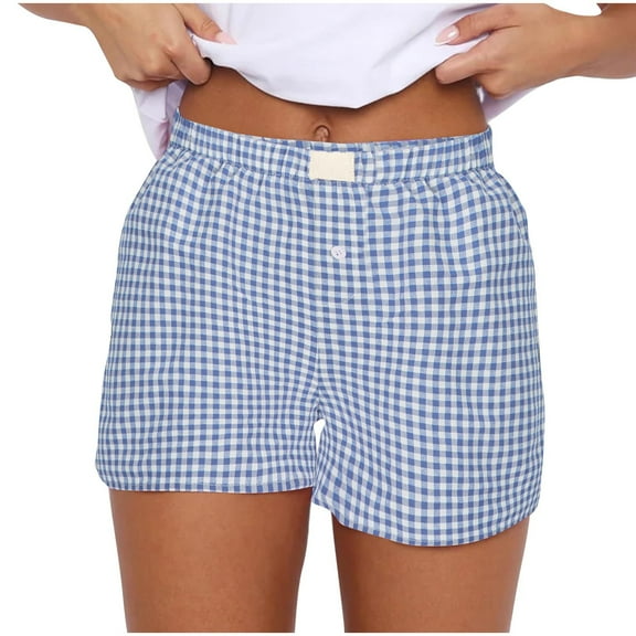 Plebaso Women's Plaid Boxer Shorts Elastic Waist Lounge Shorts Summer Lightweight Beach Bottoms