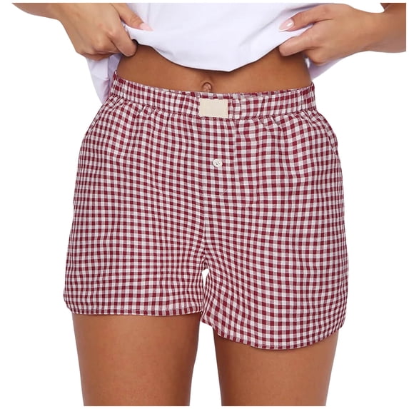 Plebaso Women's Plaid Boxer Shorts Elastic Waist Lounge Shorts Summer Lightweight Beach Bottoms