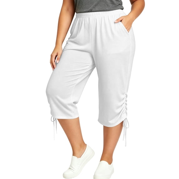 Plebaso Women's Plus Size Capri Pants Comfort Lounge Pants with Pockets Side Ruched Drawstring Capris
