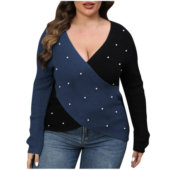 Plebaso Women's Plus Size Sweater Wrap V Neck Long Sleeve Color Block Knit Pullover Tunic Tops for Ladies