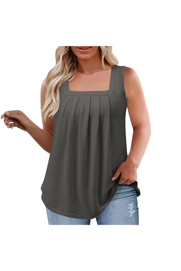 Women's Plus Size Tank Tops Square Neck Pleated Sleeveless Beach Shirts Loose Casual Summer Tops