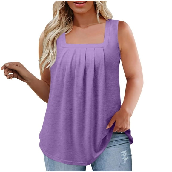 Plebaso Women's Plus Size Tank Tops Square Neck Pleated Sleeveless Beach Shirts Loose Casual Summer Tops