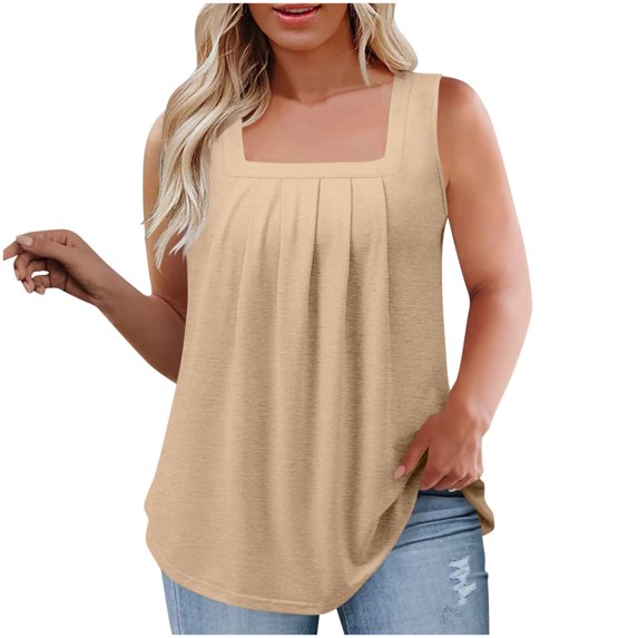 Plebaso Women's Plus Size Tank Tops Square Neck Pleated Sleeveless Beach Shirts Loose Casual Summer Tops