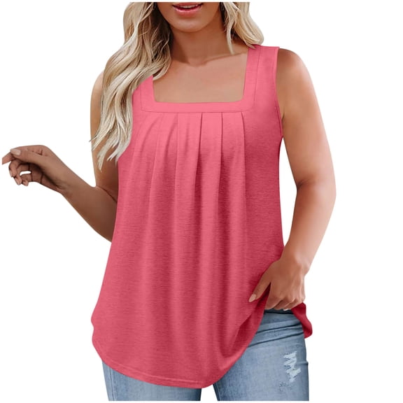 Plebaso Women's Plus Size Tank Tops Square Neck Pleated Sleeveless Beach Shirts Loose Casual Summer Tops