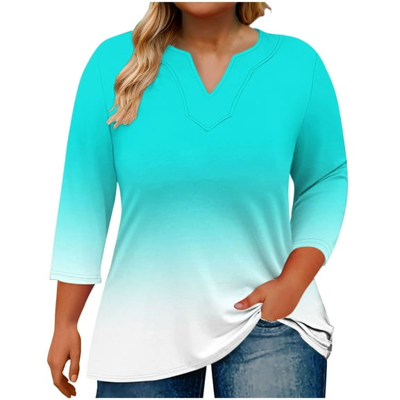 Plebaso Women's Plus Size Tops Casual 3/4 Sleeve V Neck Tunic Shirts Gradient Printed Womens Blouses