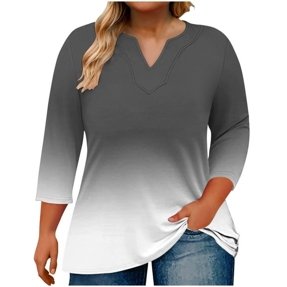 Plebaso Women's Plus Size Tops Casual 3/4 Sleeve V Neck Tunic Shirts Gradient Printed Womens Blouses