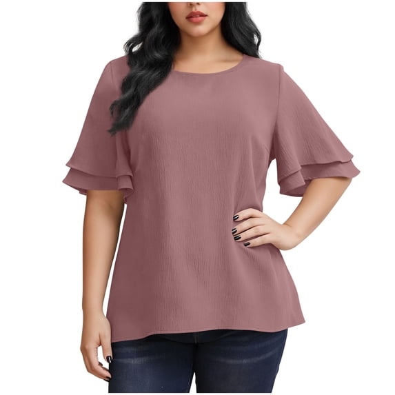 Plebaso Women's Plus Size Tops Ruffle Short Sleeve T Shirts Crew Neck Womens Casual Summer Tee Blouses