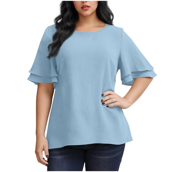 Plebaso Women's Plus Size Tops Ruffle Short Sleeve T Shirts Crew Neck Womens Casual Summer Tee Blouses