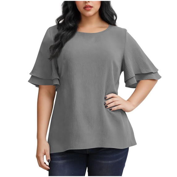 Plebaso Women's Plus Size Tops Ruffle Short Sleeve T Shirts Crew Neck Womens Casual Summer Tee Blouses