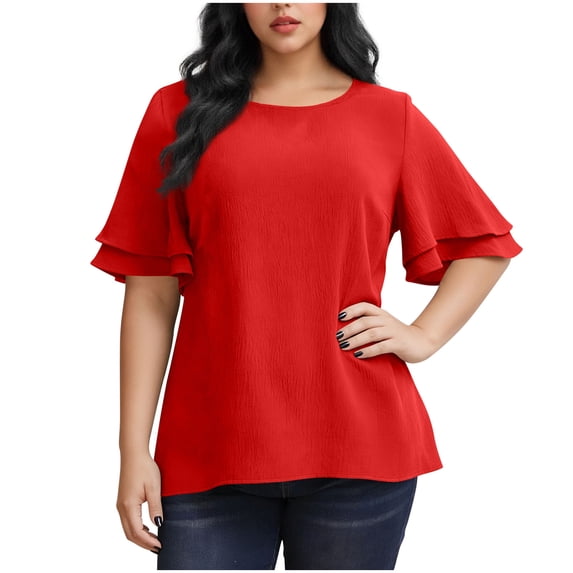 Plebaso Women's Plus Size Tops Ruffle Short Sleeve T Shirts Crew Neck Womens Casual Summer Tee Blouses