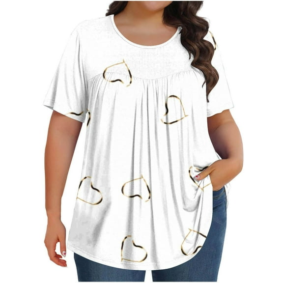 Plebaso Women's Plus Size Tops Short Sleeve Pleated Blouses Casual Crewneck Summer Loose Tunic Shirts