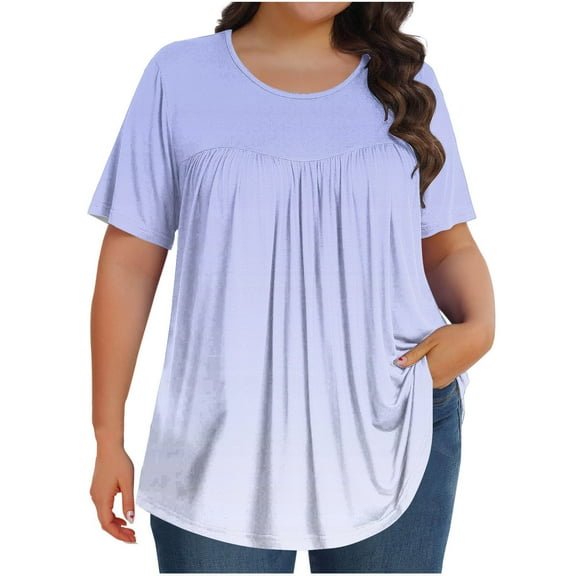 Plebaso Women's Plus Size Tops Short Sleeve Pleated Blouses Casual Crewneck Summer Loose Tunic Shirts