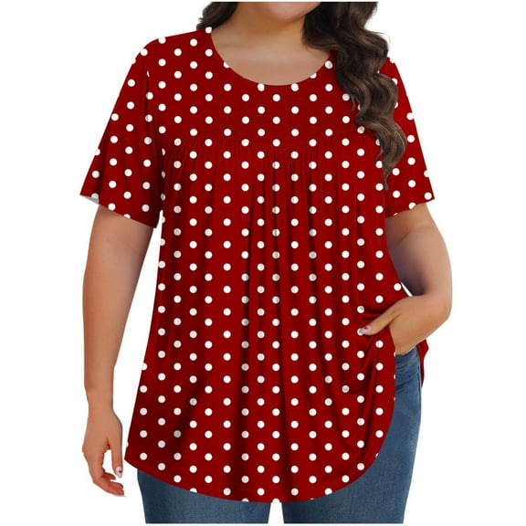 Plebaso Women's Plus Size Tops Short Sleeve Pleated Blouses Casual Crewneck Summer Loose Tunic Shirts