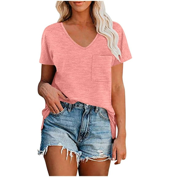 Plebaso Women's Pocket T-Shirts Classic Short Sleeve Shirt V Neck Casual Summer Basic Tee Solid Color