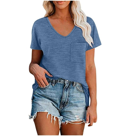 Plebaso Women's Pocket T-Shirts Classic Short Sleeve Shirt V Neck Casual Summer Basic Tee Solid Color