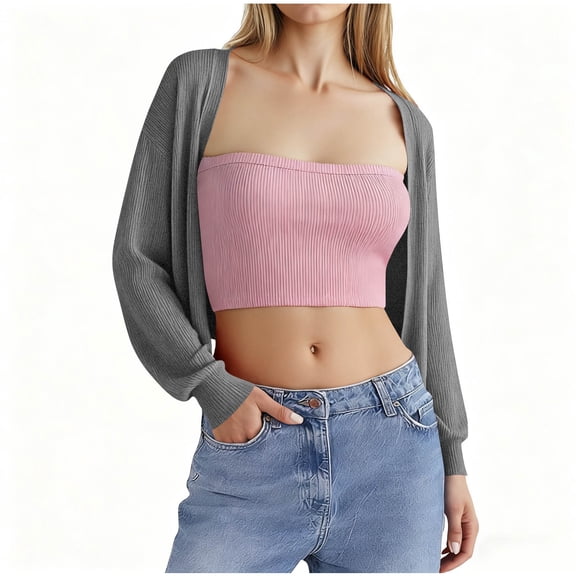 Plebaso Women's Ribbed Knit Cardigan Open Front Cropped Cardigans Long Sleeve Lightweight Casual Sweater