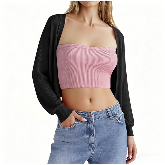 Plebaso Women's Ribbed Knit Cardigan Open Front Cropped Cardigans Long Sleeve Lightweight Casual Sweater