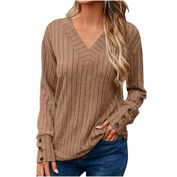 Plebaso Women's Ribbed Sweaters Lightweight Casual V Neck Long Sleeve Tunics Pullover Knit Tops