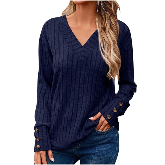Plebaso Women's Ribbed Sweaters Lightweight Casual V Neck Long Sleeve Tunics Pullover Knit Tops