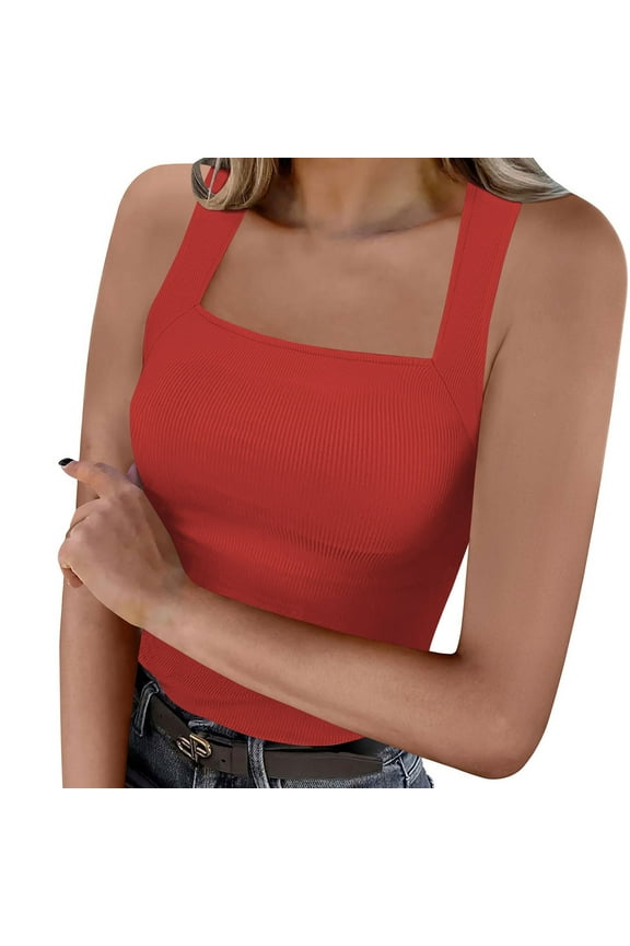 Women's Ribbed Tank Tops Square Neck Sleeveless Slim Tanks Summer Beach Casual Tee for Women