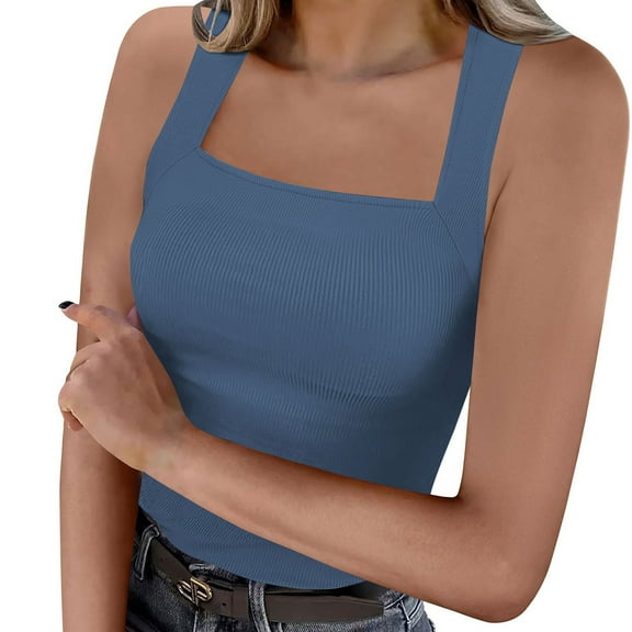 Plebaso Women's Ribbed Tank Tops Square Neck Sleeveless Slim Tanks Summer Beach Casual Tee for Women