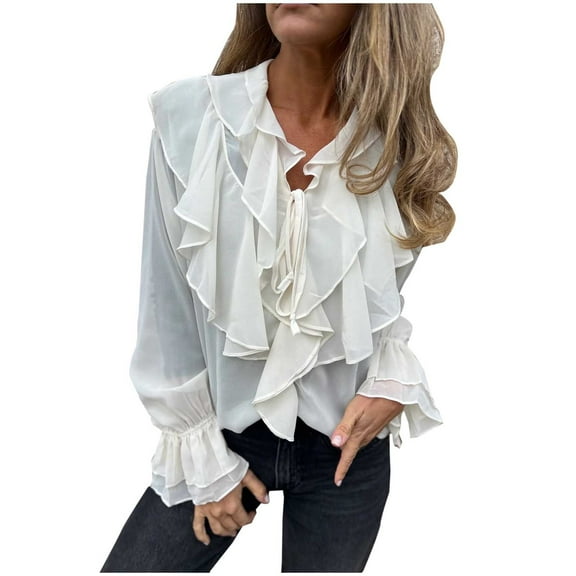 Plebaso Women's Ruffle Blouses Button down Long Sleeve Shirts Dressy Business Office Work Tops for Women