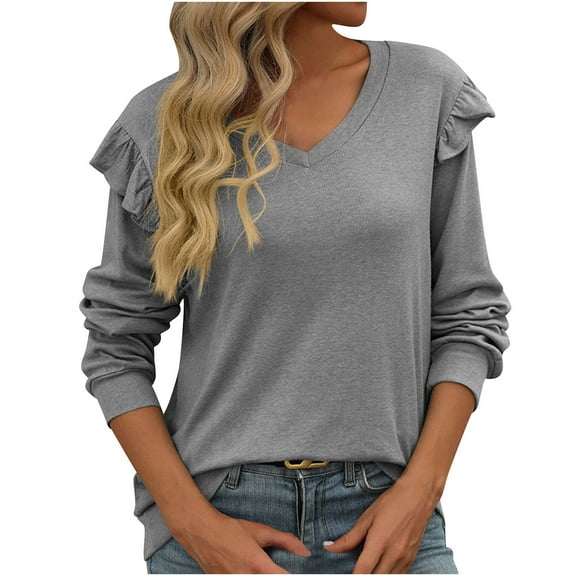 Plebaso Women's Ruffle Long Sleeve Shirts Casual V Neck Tunic Tops Womens Fall Winter Cute Blouses
